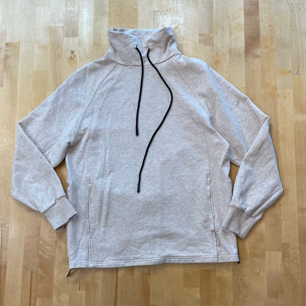 Varley Heathered Cream Pullover Funnel Neck Sweater with Black Drawstrings
